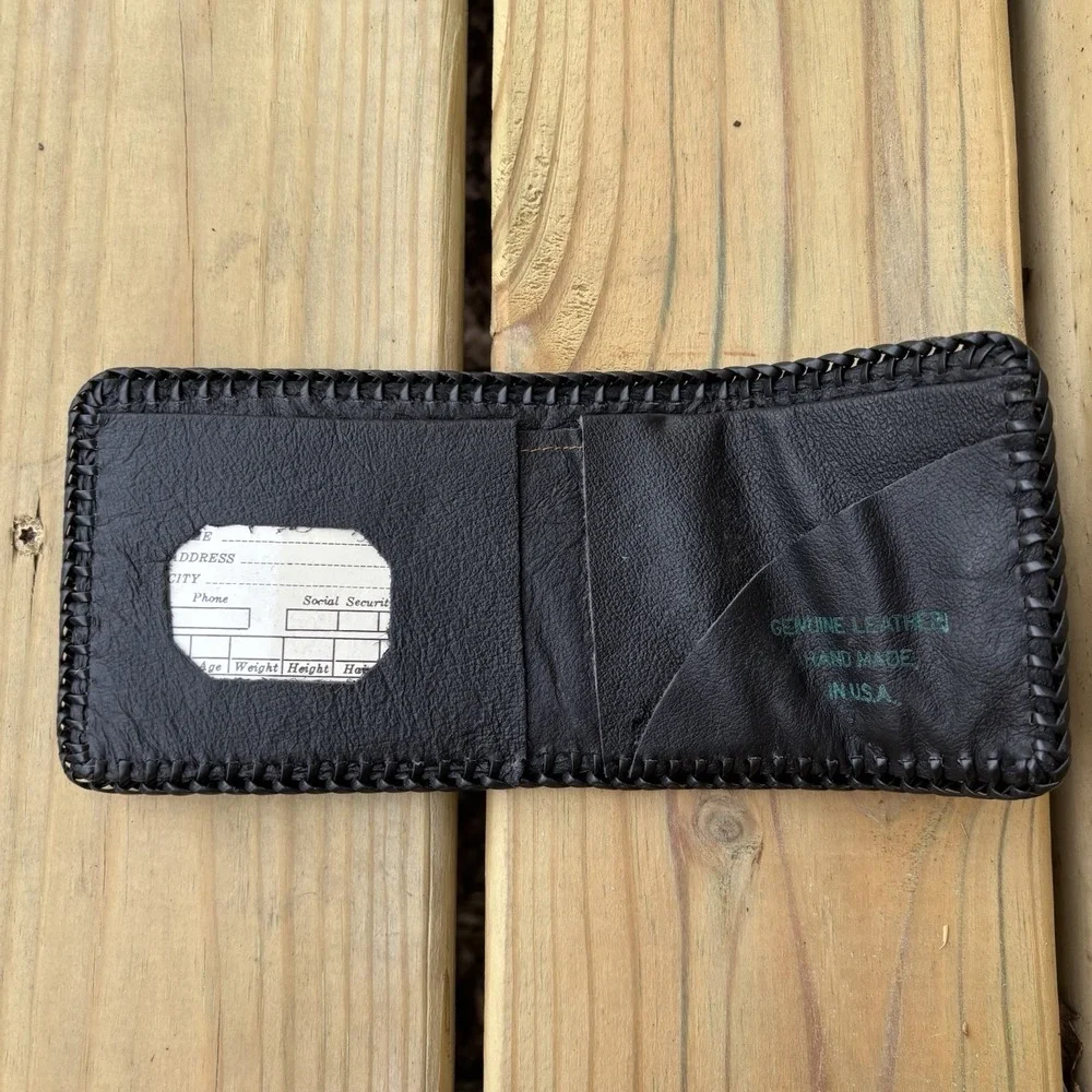 Vintage Leather Wallet Whipstitch Bifold Hand Tooled USA Made Tractor Farmer